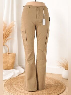 GOOD AMERICAN Khaki Cargo jeans high straight leg waisted women's size 8 NWT